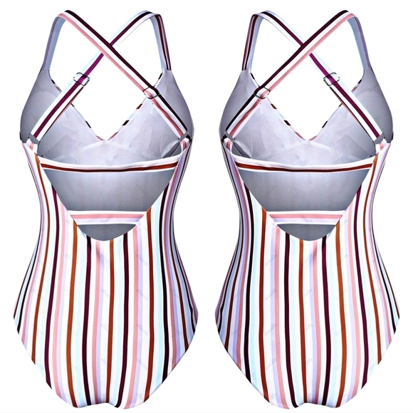 Striped ✦ Criss-Cross One Piece Swimsuit ✦ Scoop Neck + Padded Open Back S NWT - Picture 5 of 11